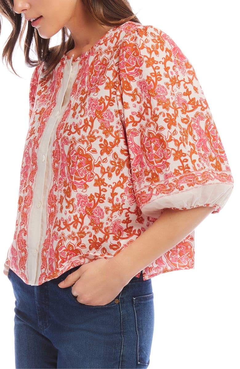 Karen Kane Florentine Print Puff Sleeve Cotton Button-Up Shirt, Alternate, color, 