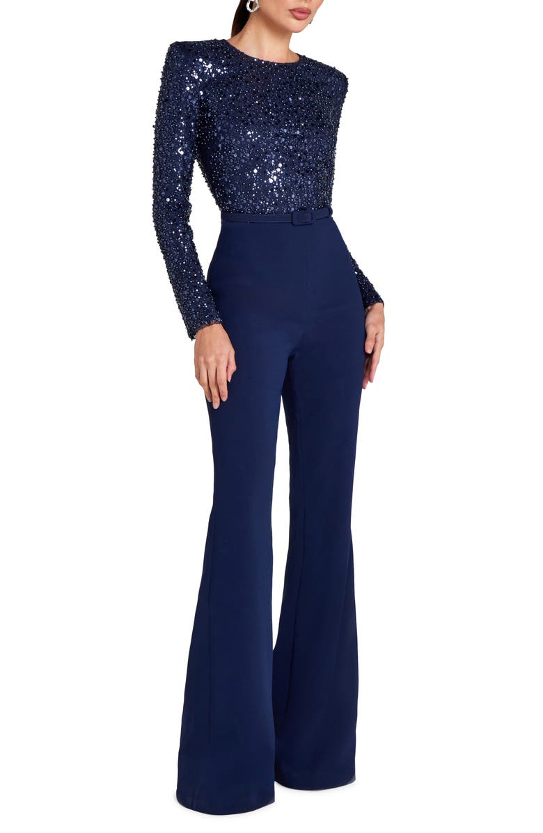 NADINE MERABI Misha Belted Long Sleeve Flare Jumpsuit, Alternate, color,