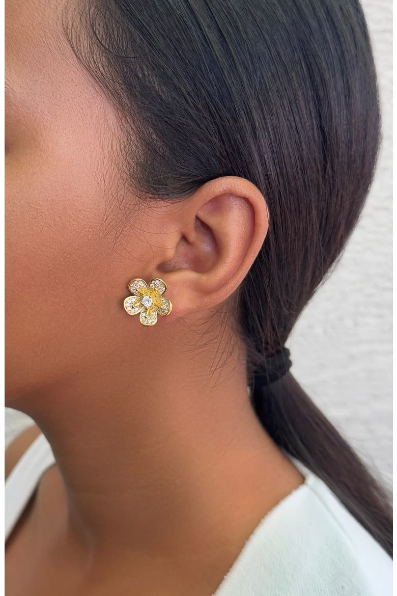 14K Gold Plated Cubic Zirconia Flower Stud Earrings, Alternate, color, GOLD