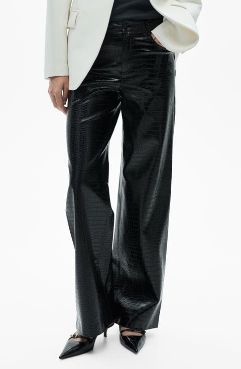Snakeskin Effect Faux Leather Straight Pants