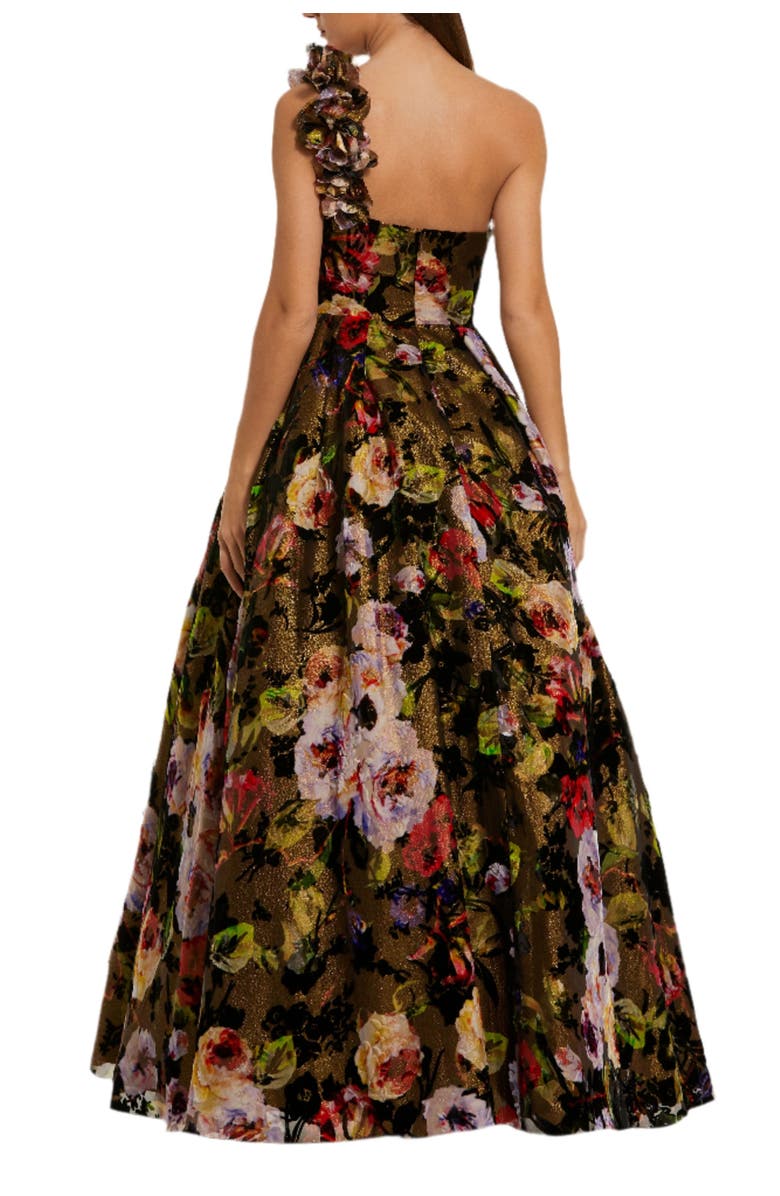 Mac Duggal Multicolor One Shoulder Embossed Organza 3D Flower Gown, Alternate, color, Black Multi