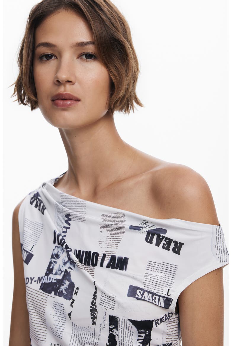 Newspaper Print One-Shoulder Top, Alternate, color, WHITE
