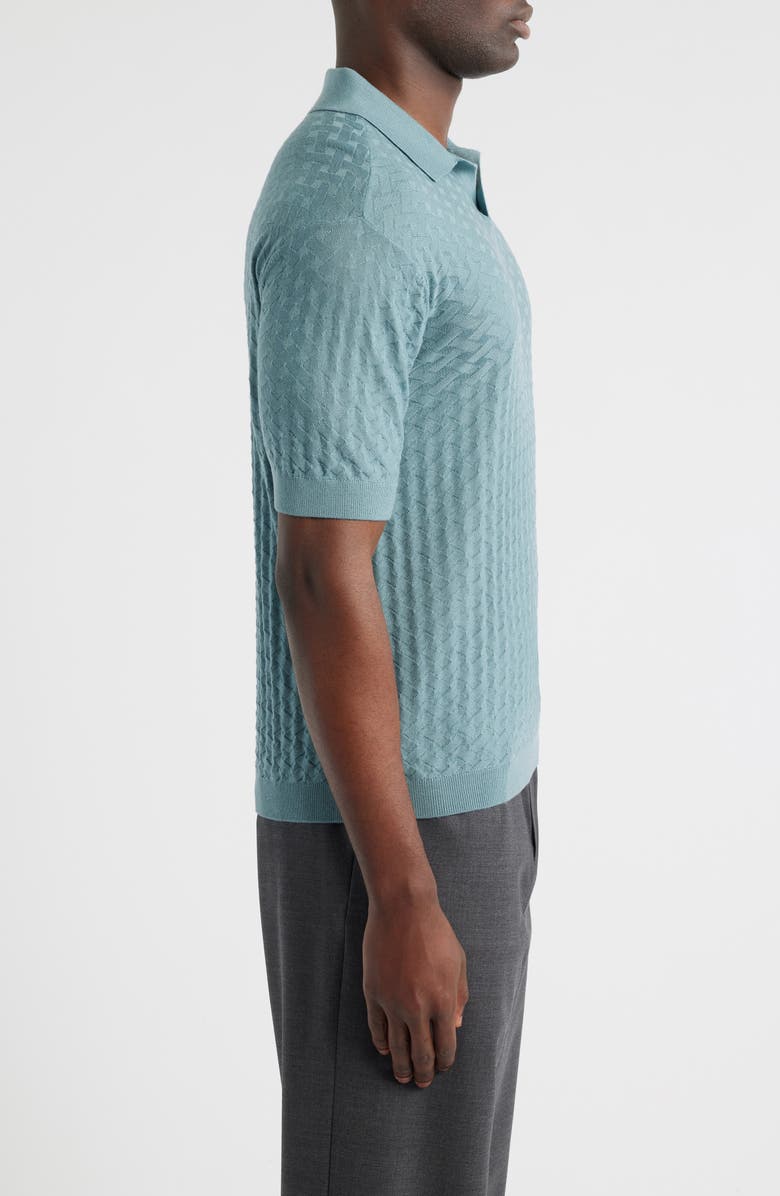 Emporio Armani Basket-Weave Stitch Johnny Collar Virgin Wool Polo Sweater, Alternate, color, Teal