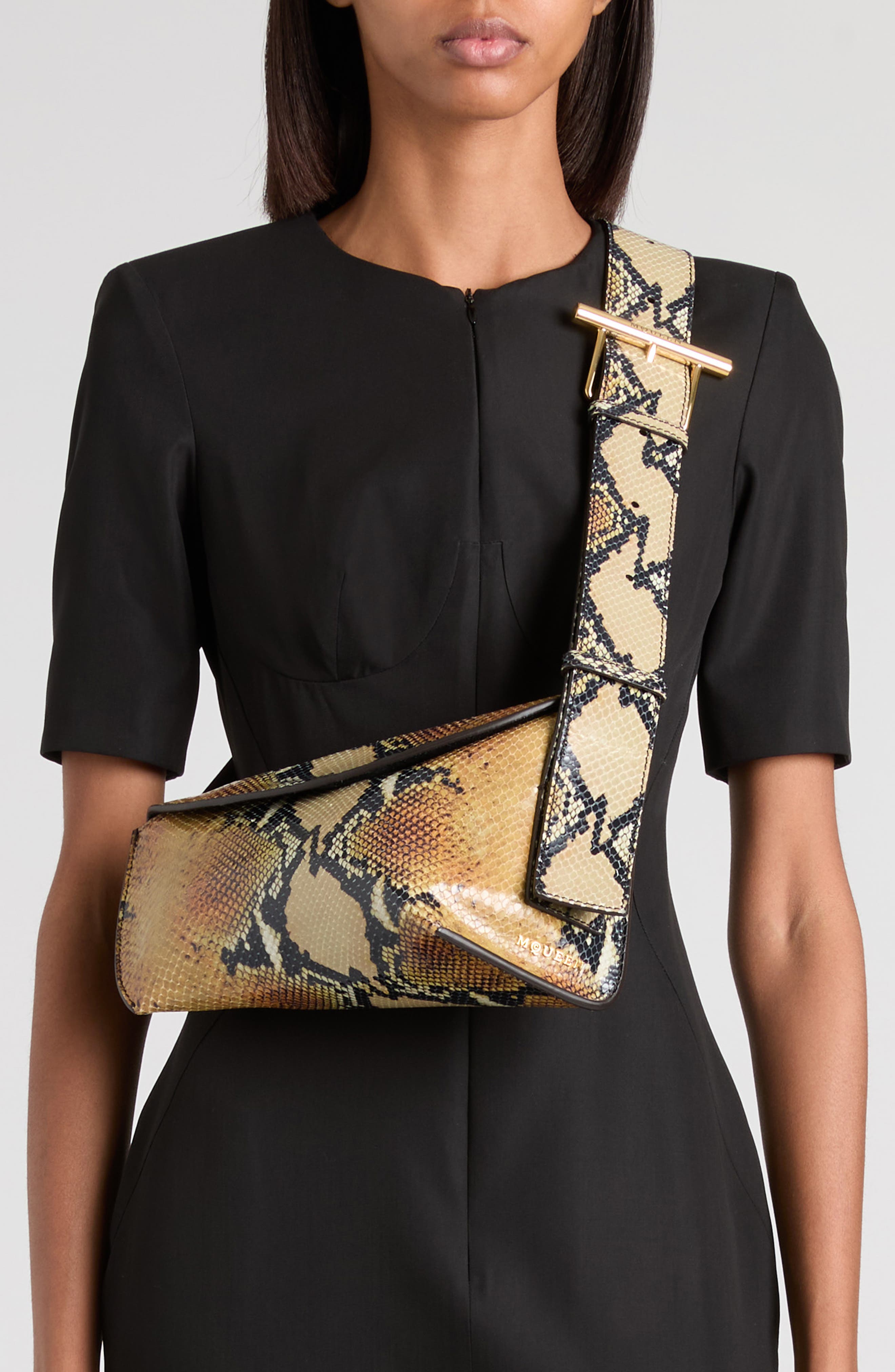 McQueen T-Bar Sling Python Embossed Leather Crossbody Bag, Alternate, color, 