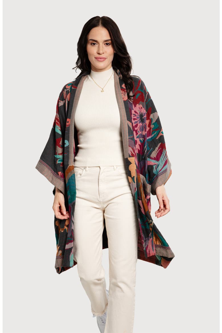 Keisha Long Floral Pattern Duster Jacket, Alternate, color, GREY/ PINK
