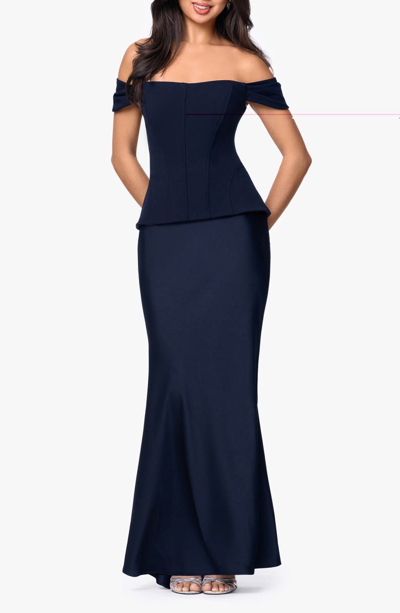 Betsy & Adam Off the Shoulder Mixed Media Gown, Main, color, Navy