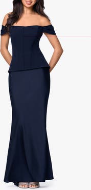 Betsy & Adam Off the Shoulder Mixed Media Gown