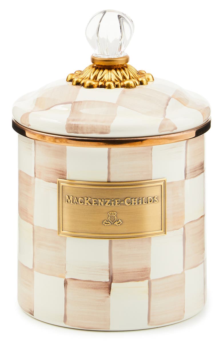 MACKENZIE CHILDS Mocha Check Small Enameled Steel Canister, Main, color, Mocha