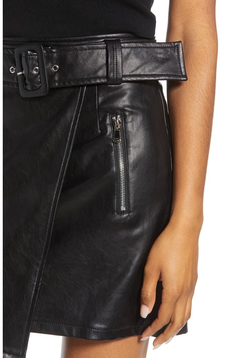 Faux Leather Wrap Miniskirt, Alternate, color, BLACK
