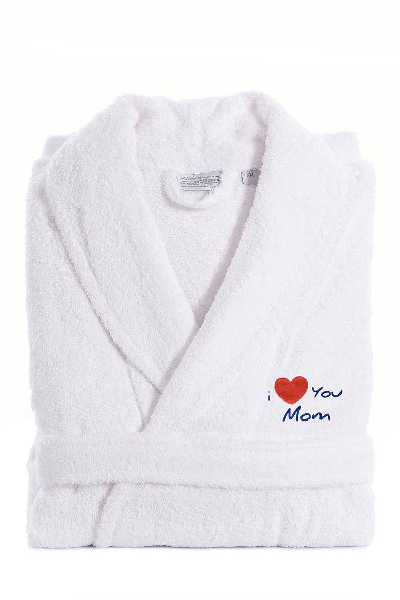 'I Love You Mom' Embroidered White Terry Bathrobe, Alternate, color, WHITE