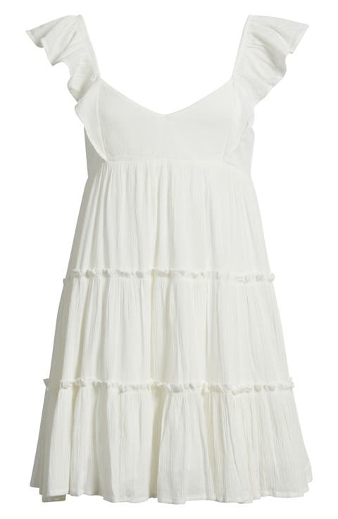 Flutter Sleeve Cotton Blend Gauze Babydoll Minidress