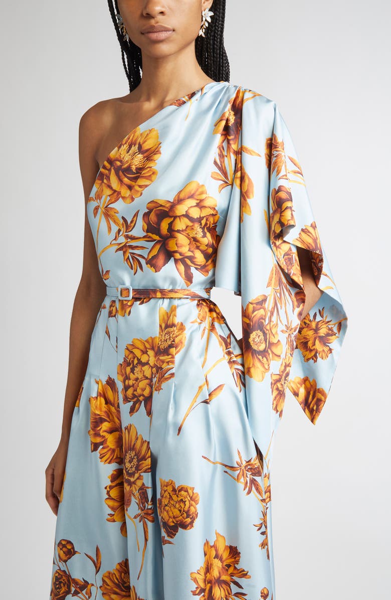 Oscar de la Renta Peony One-Shoulder Silk Twill Midi Dress, Alternate, color, Brown/Ice Blue