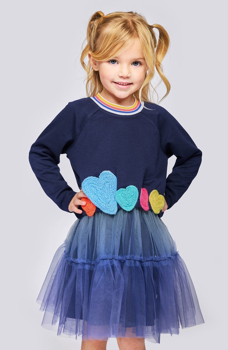 Baby Sara Kids' Hearts & Tulle Twofer Long Sleeve Dress, Alternate, color, Navy Multi