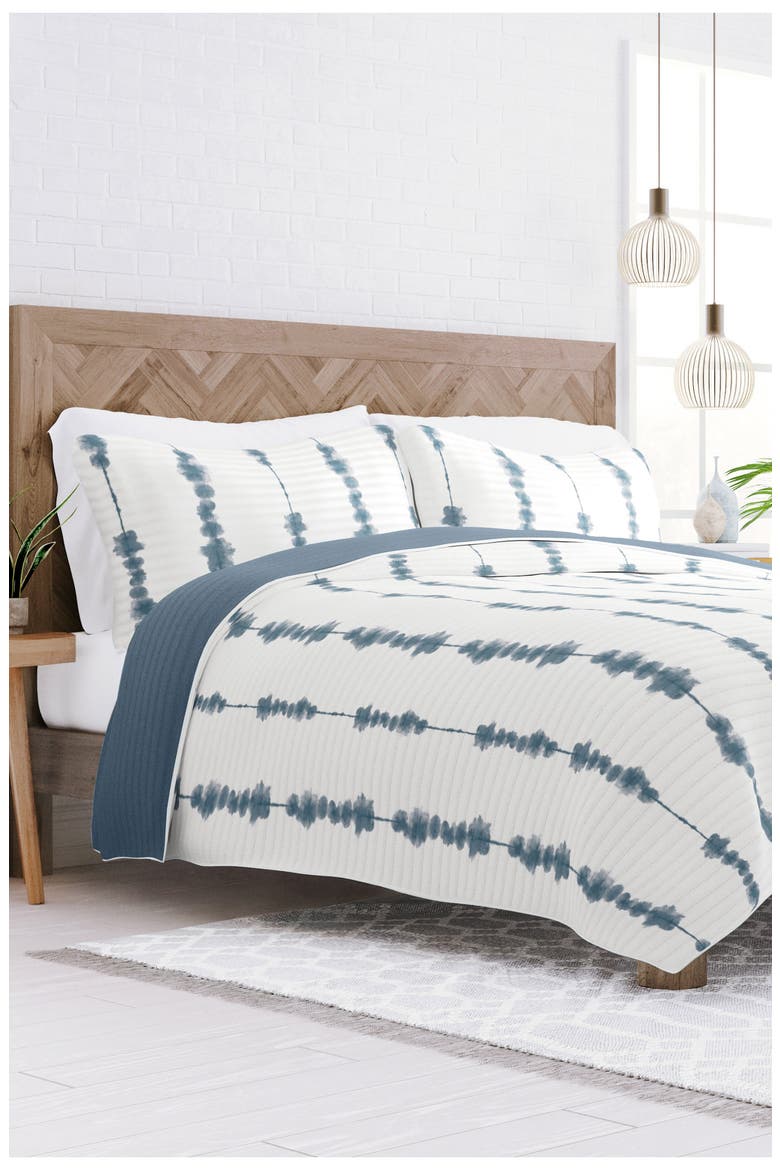 All Season Shibori 3-Piece Down Alternative Reversible Quilt Set, Alternate, color, NAVY