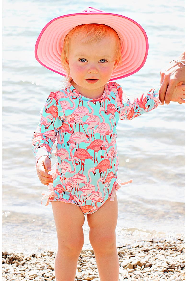 Flamingo One-Piece Rashghuard Swimsuit & Hat Swim Set, Alternate, color, BLUE