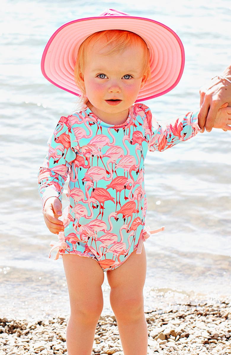 RuffleButts Flamingo One-Piece Rashghuard Swimsuit & Hat Swim Set, Alternate, color, 