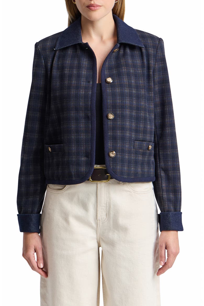 Plaid Cotton Denim Contrast Jacket, Alternate, color, DEEP NAVY PLAID