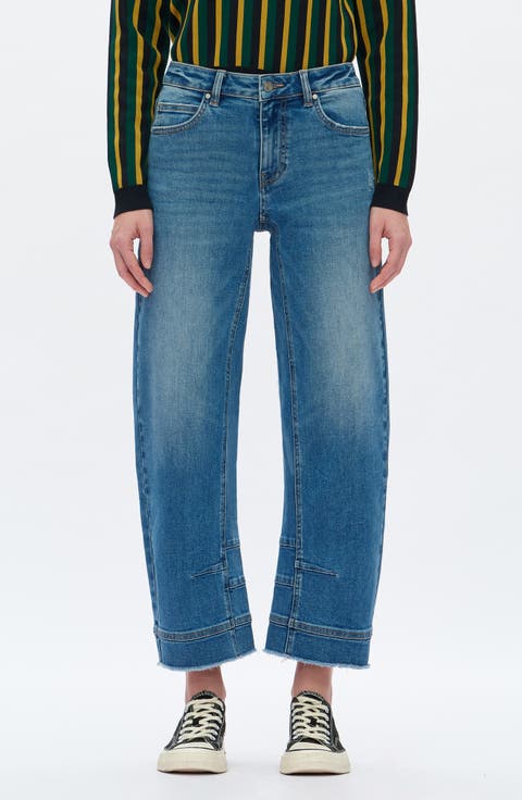 Frayed Mid Rise Ankle Barrel Leg Jeans