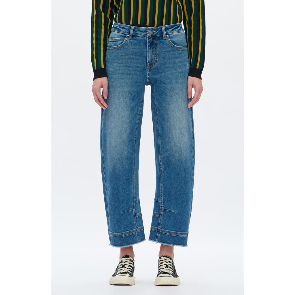 Bayeas Frayed Mid Rise Ankle Barrel Leg Jeans In Blue