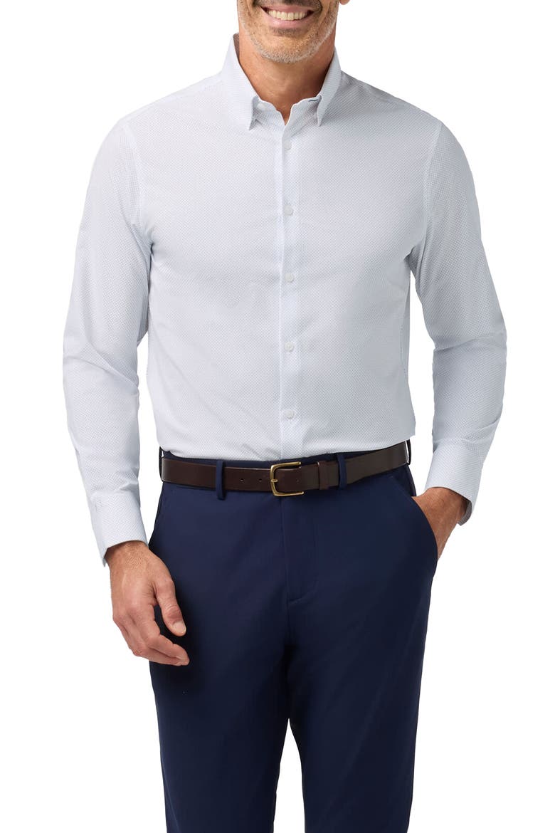 Leeward Trim Fit Micro Dot Performance Button-Up Shirt, Main, color, NAVY MICRO DOT