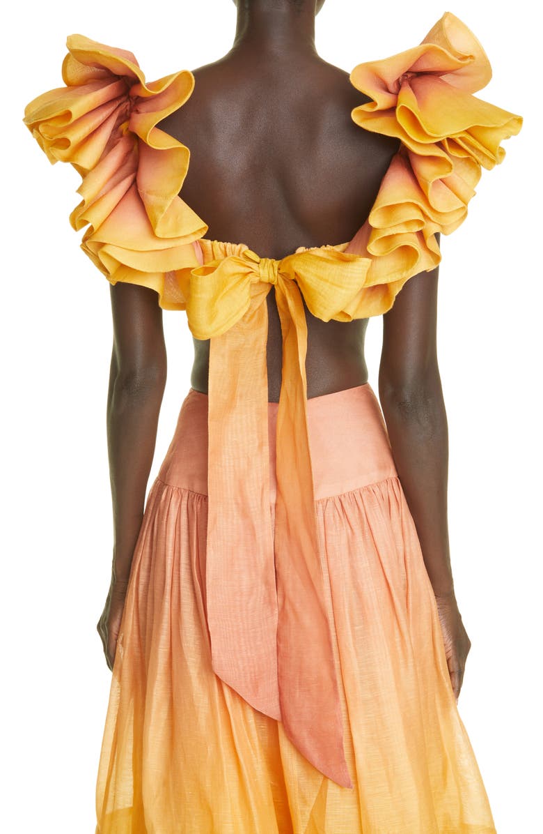 Zimmermann Postcard Ombré Ruffle Silk & Linen Crop Top, Alternate, color,