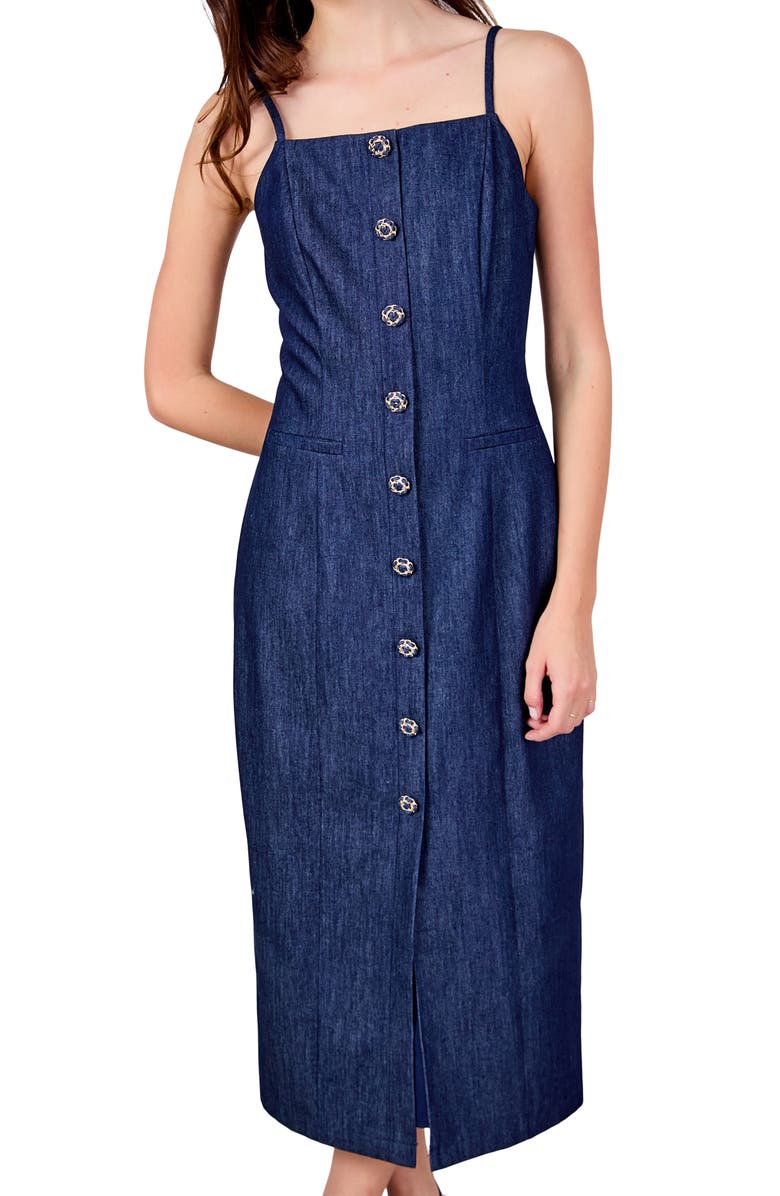 Endless Rose Front Button Denim Maxi Dress, Alternate, color, Navy Denim