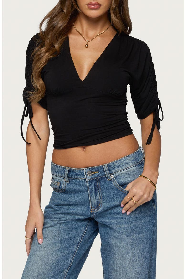 Muriel Drawstring V-Neck Top, Main, color, BLACK