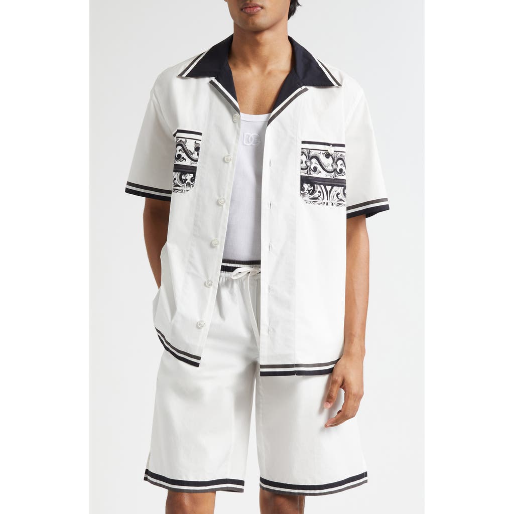 Dolce & Gabbana Short Sleeve Shirt With Contrast Collar And Graphic Print In White