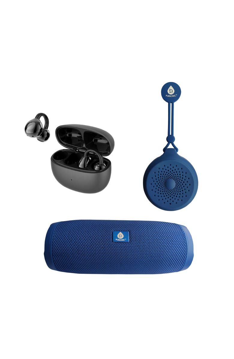 PURSONIC Total Audio Freedom Collection - Wireless Earbuds + Extended-Play 360° Speaker + Waterproof Suction Speaker, Main, color, Blue