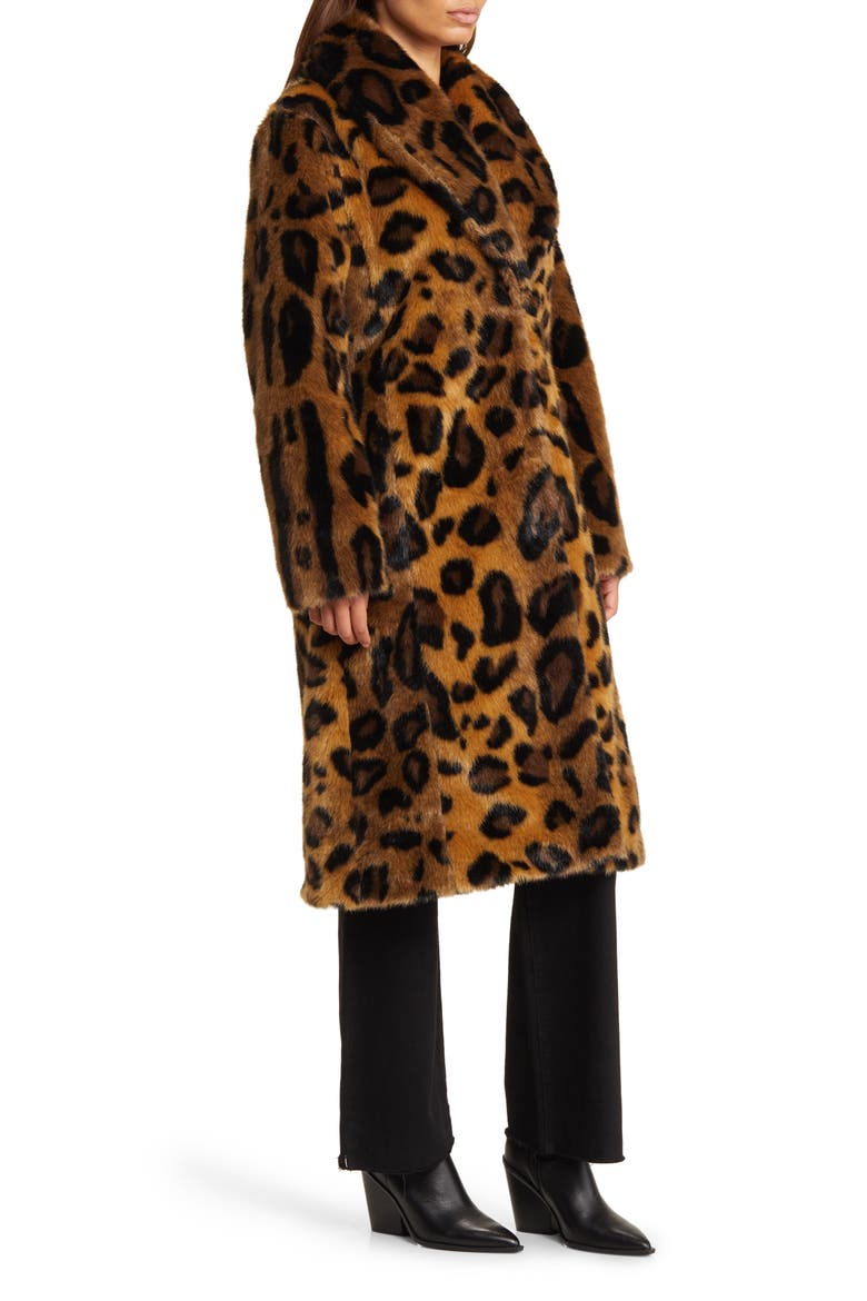 Leopard Print Shawl Collar Faux Fur Coat, Alternate, color, NATURAL LEOPARD