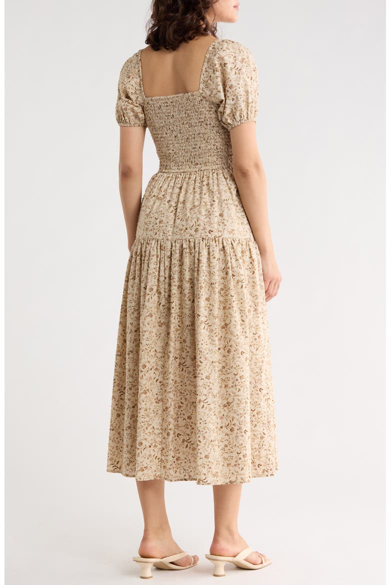 Floral Smocked Midi Dress, Alternate, color, LIGHT KHAKI