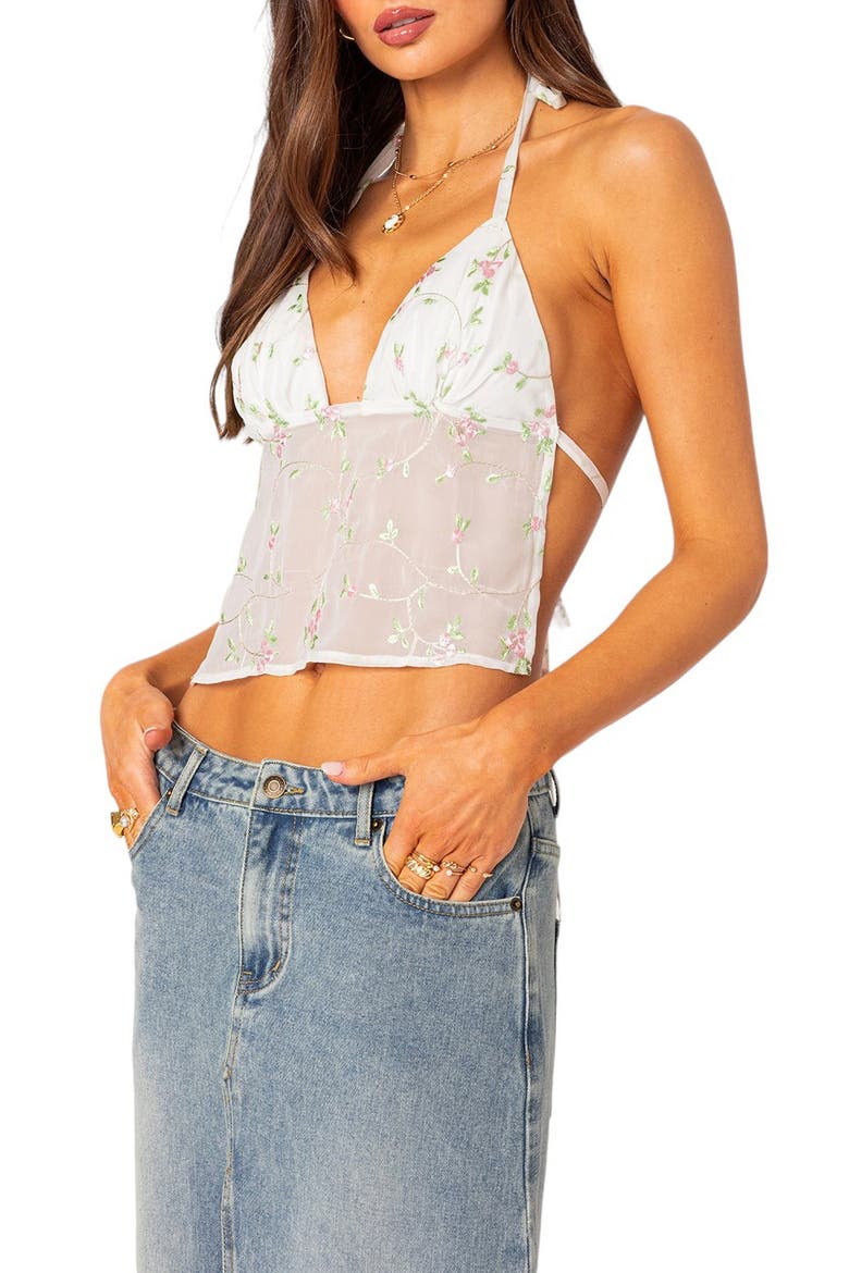 Embroidered Floral Open Back Crop Halter Top, Alternate, color, WHITE