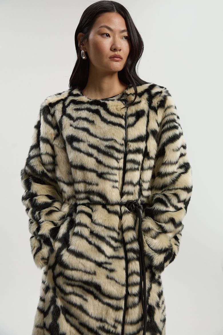 Faux Fur Collarless Tie Belted Midi Coat, Alternate, color, Mono
