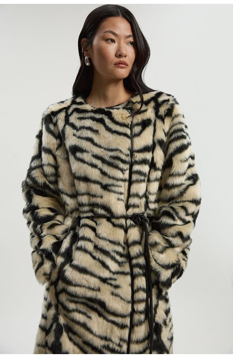 Karen Millen Faux Fur Collarless Tie Belted Midi Coat, Alternate, color, Mono