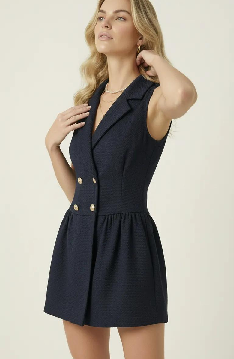 Modenaire Sleeveless Blazer Dress with Double-Breasted Boucle Tweed and Flared Hem, Alternate, color, Black