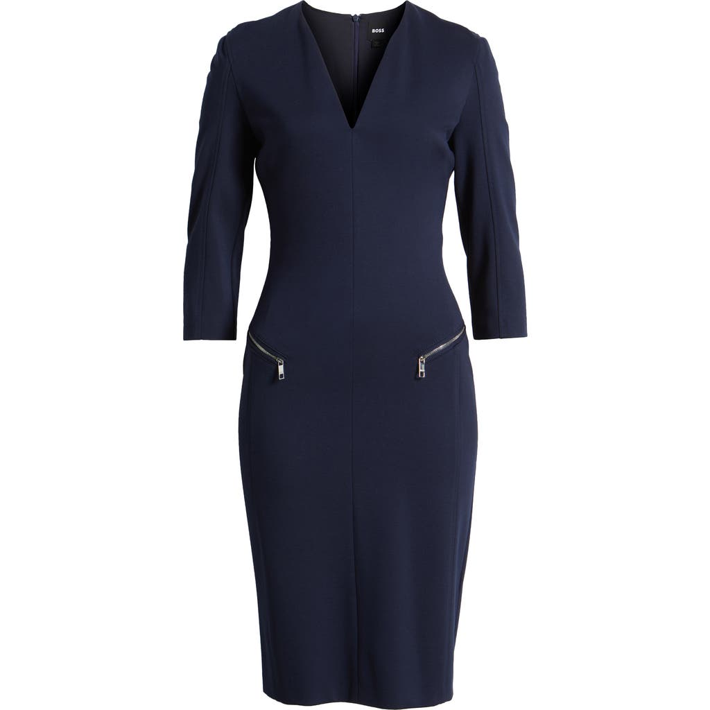Hugo Boss Boss Dalmar Split Neck Dress In Clean Navy