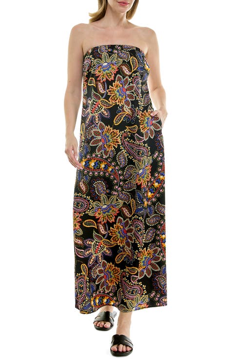 Strapless Print Satin Maxi Dress