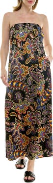 Nicole Miller Strapless Print Satin Maxi Dress