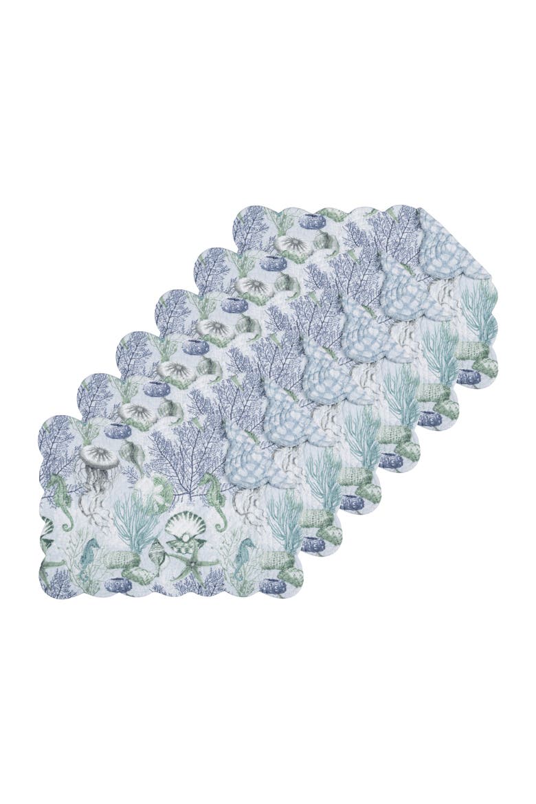 Shoreline Waters Scalloped Placemats Set of 6 Nautical Design, 13" x 19", Main, color, Blue