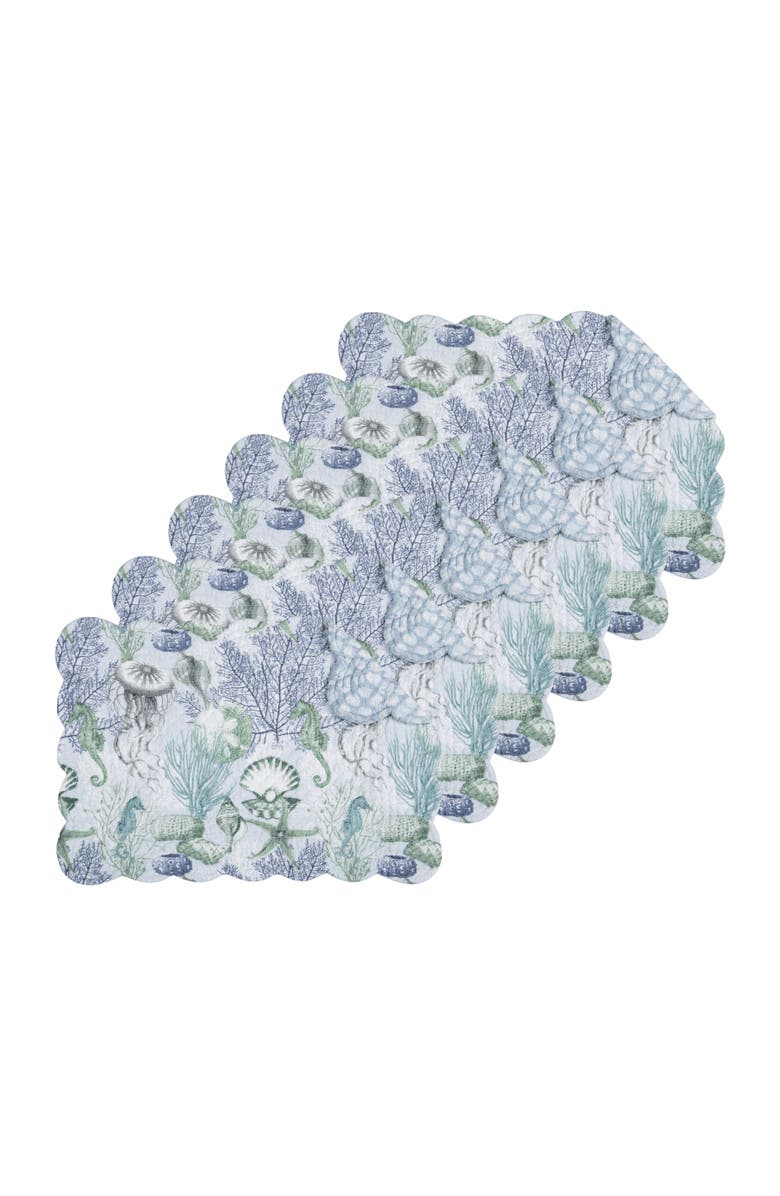C&F Home Shoreline Waters Scalloped Placemats Set of 6 Nautical Design, 13" x 19", Main, color, Blue