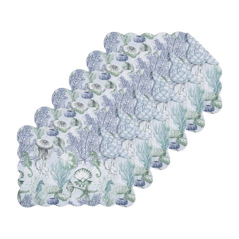 Shoreline Waters Scalloped Placemats Set of 6 Nautical Design, 13" x 19"