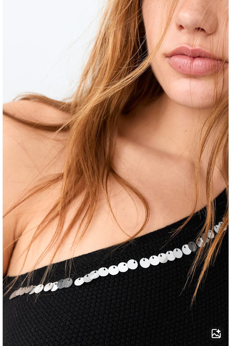 Asymmetrical Sequined Top, Alternate, color, BLACK