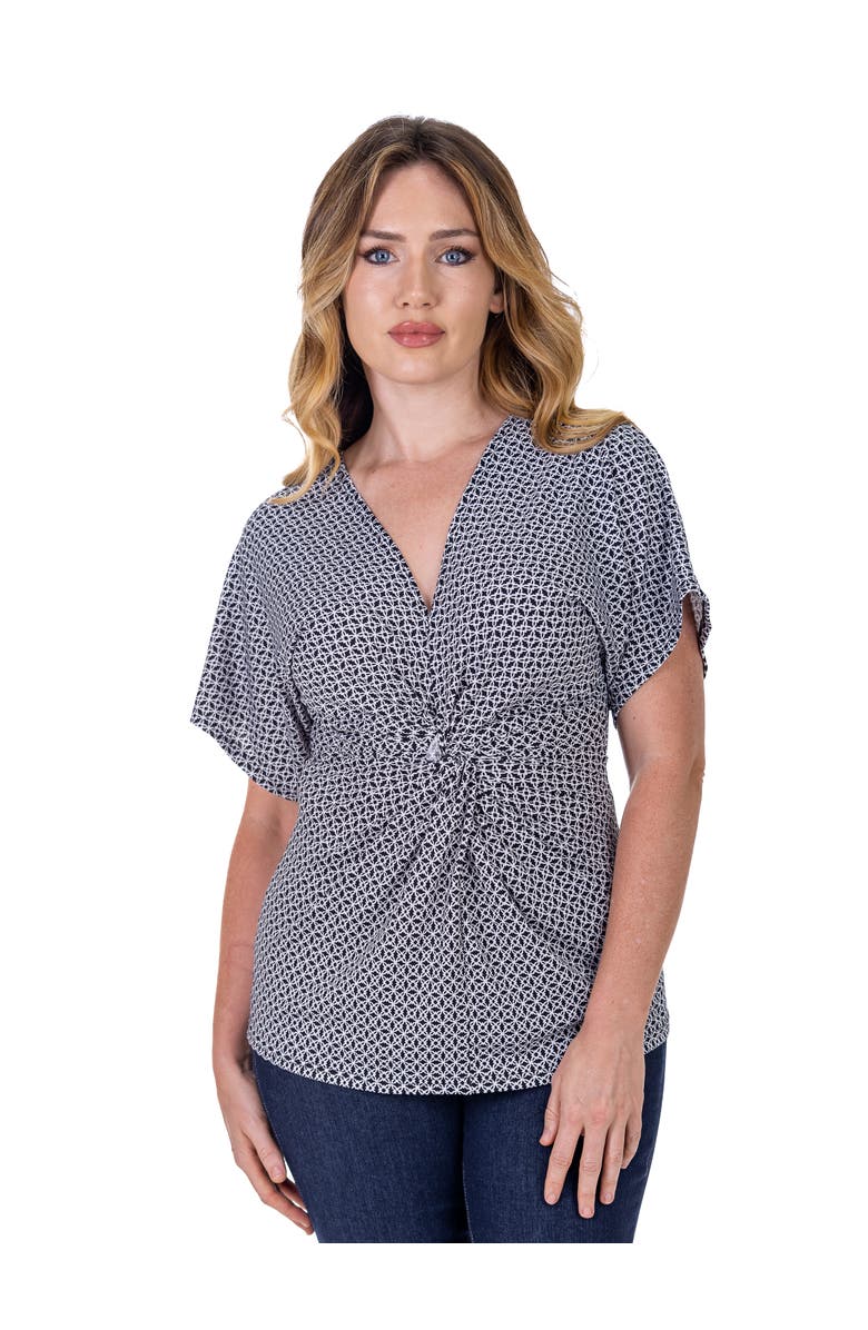 24seven Comfort Apparel Petites V-Neck Geometric Print Knot Front Cap Sleeve Top, Main, color, Black Multi