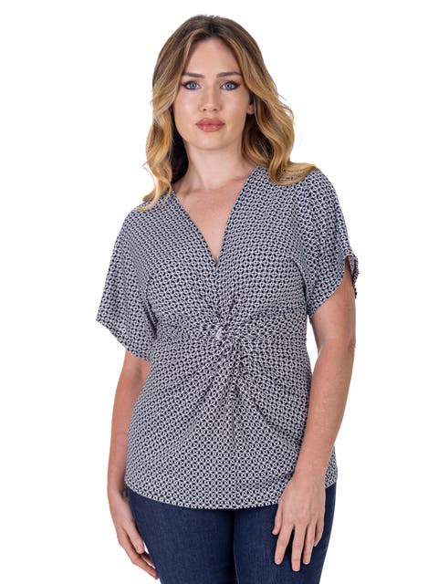 24seven Comfort Apparel Petites V-Neck Geometric Print Knot Front Cap Sleeve Top