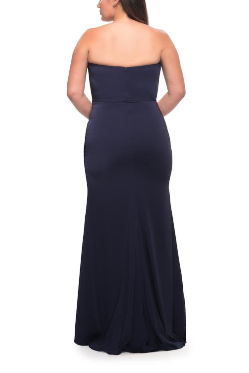 La Femme Strapless Plus Size Dress With Ruffle Slit Detail In Navy