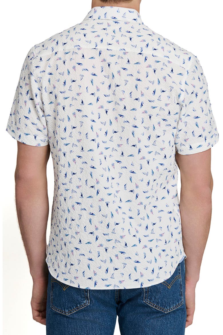 Sailboat Print Short Sleeve Seersucker Button-Up Shirt, Alternate, color, WHITE/ BLUE/ PINK