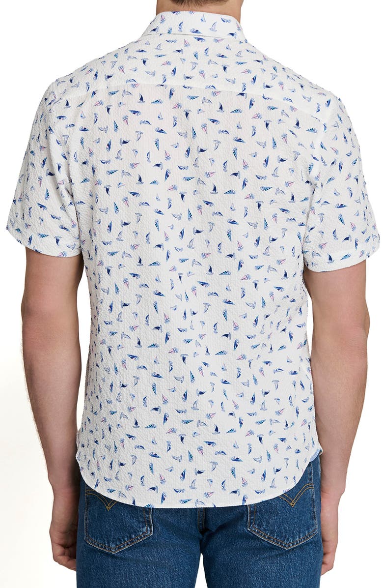 CONSTRUCT Sailboat Print Short Sleeve Seersucker Button-Up Shirt, Alternate, color, White/ Blue/ Pink