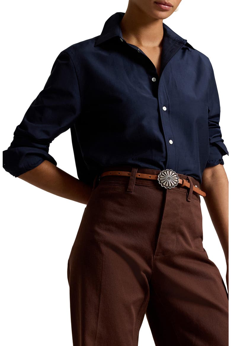 Relaxed Fit Cotton & Silk Button-Up Shirt, Main, color, HUNTER NAVY