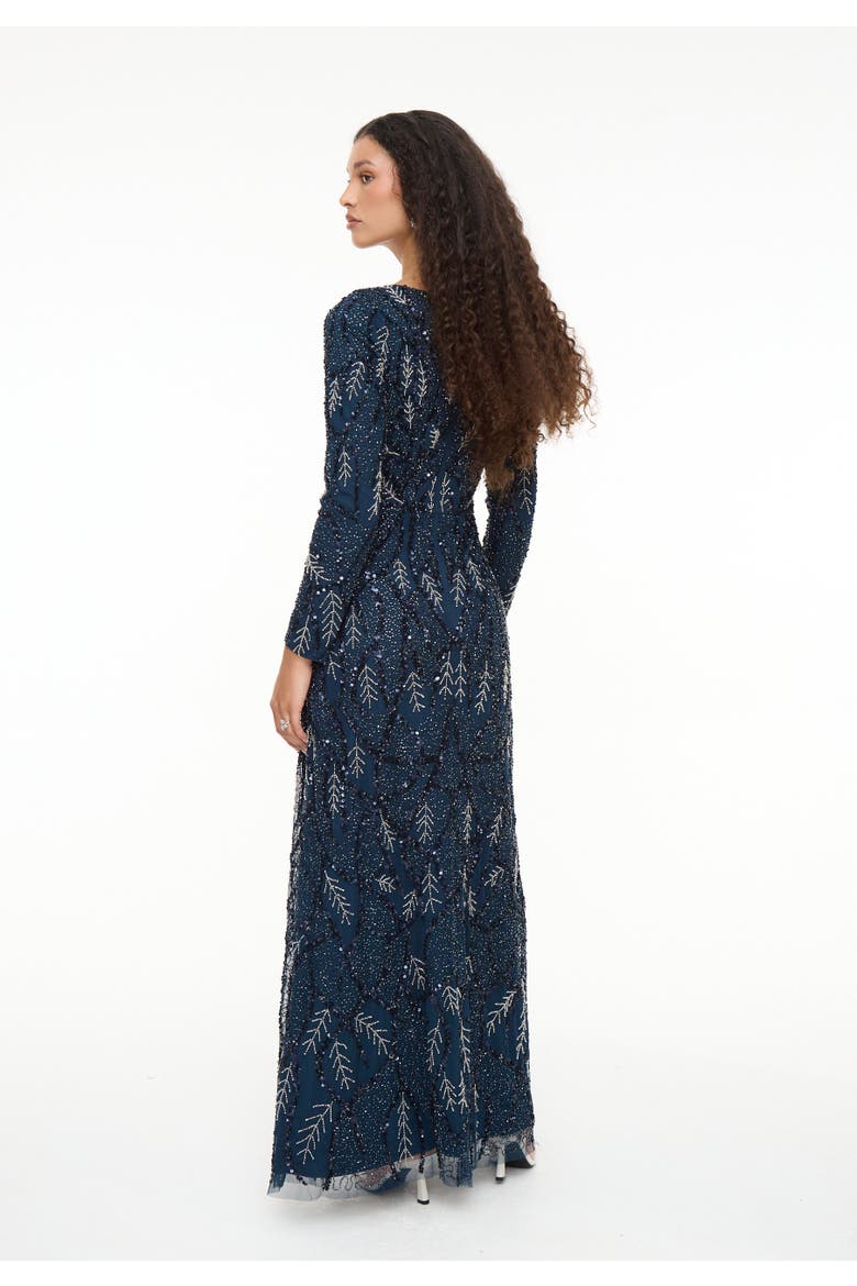 Modest Embellished Sequin Beaded Dress Maxi With Detailed Work, Alternate, color, NAVY