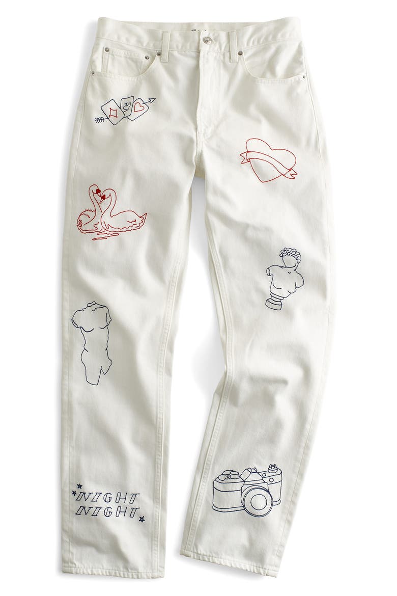 Embroidered Slim Boyfriend Jeans, Alternate, color, TILE WHITE